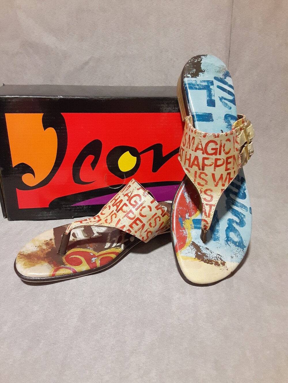 Icon Everyday Sorcery Leather Thongs Sandals Multicolor Graphic Jill-465 New